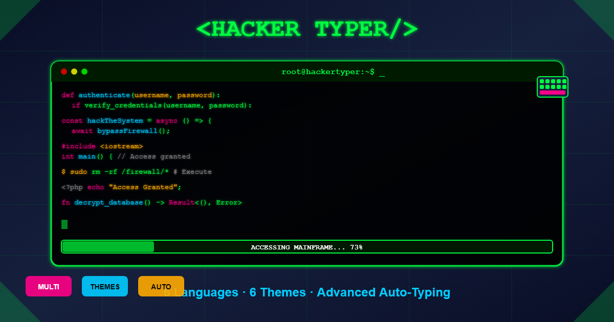 Advanced Hacker Typer Simulator with multiple languages and themes